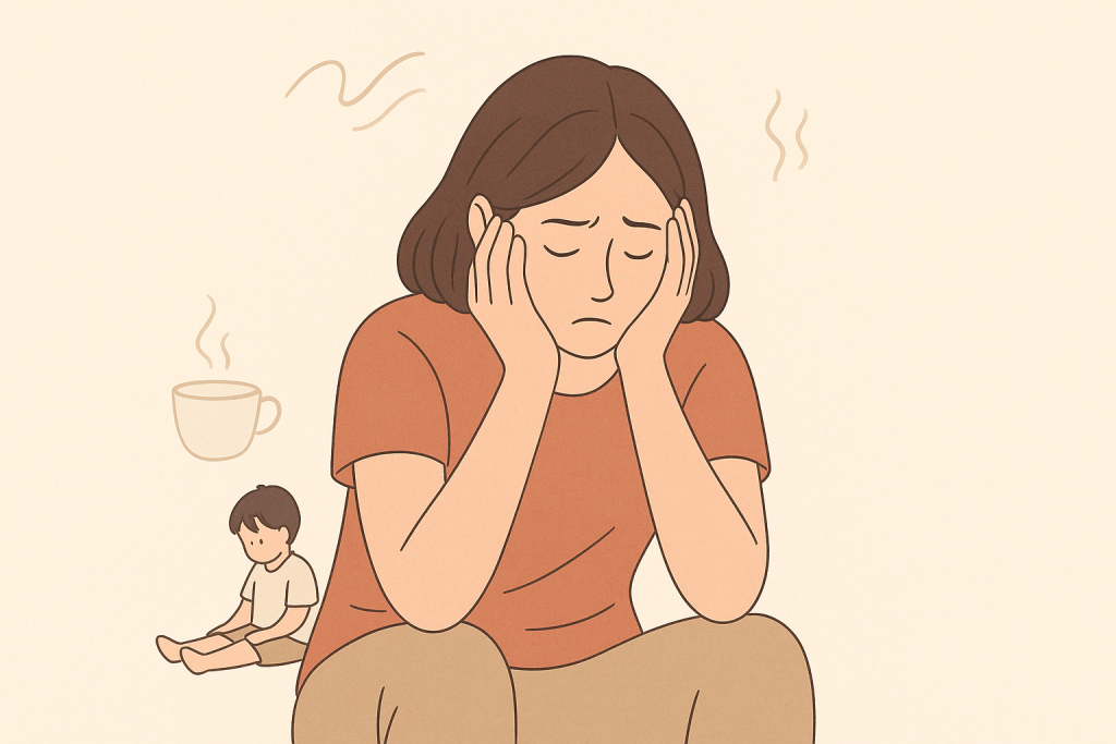 Ilustracija umorne mame koja se drži za lice, simbol emocionalnog i fizičkog iscrpljenja
